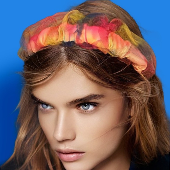 “Unicorn”/rainbow Scrunchie grosgrain headband with overlay organza - Picture 3 of 6